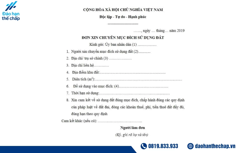Mẫu đơn chuẩn xin chuyển đổi mục đích dùng đất